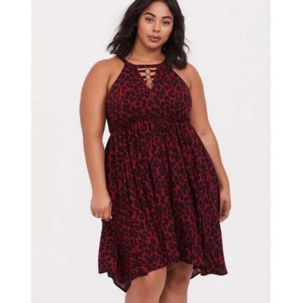 Torrid 1 1X red animal print halter cage dress. Fit and flare.